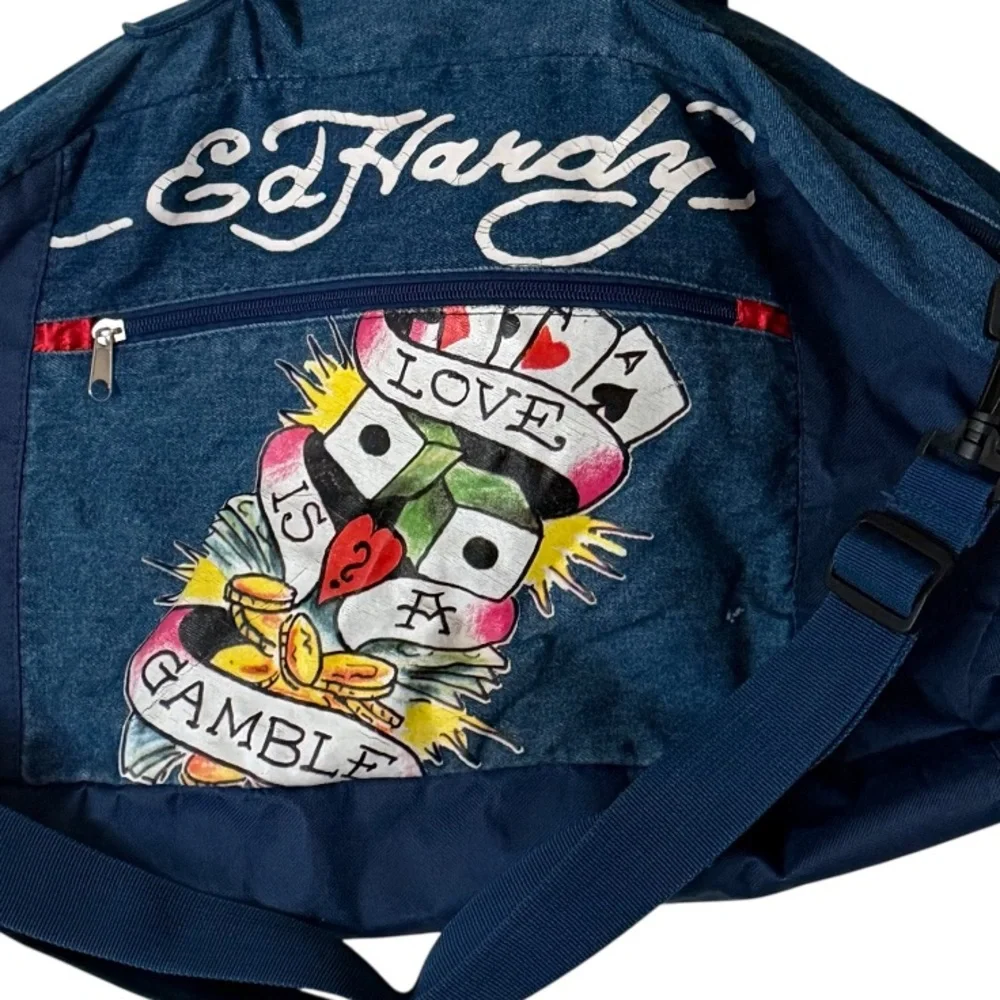 Ed Hardy denim duffle bag with crossbody strap outside pocket